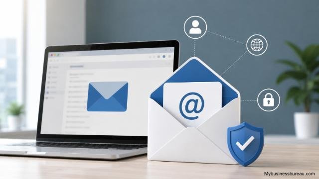 Set up a custom business email domain on a laptop with secure email icons.