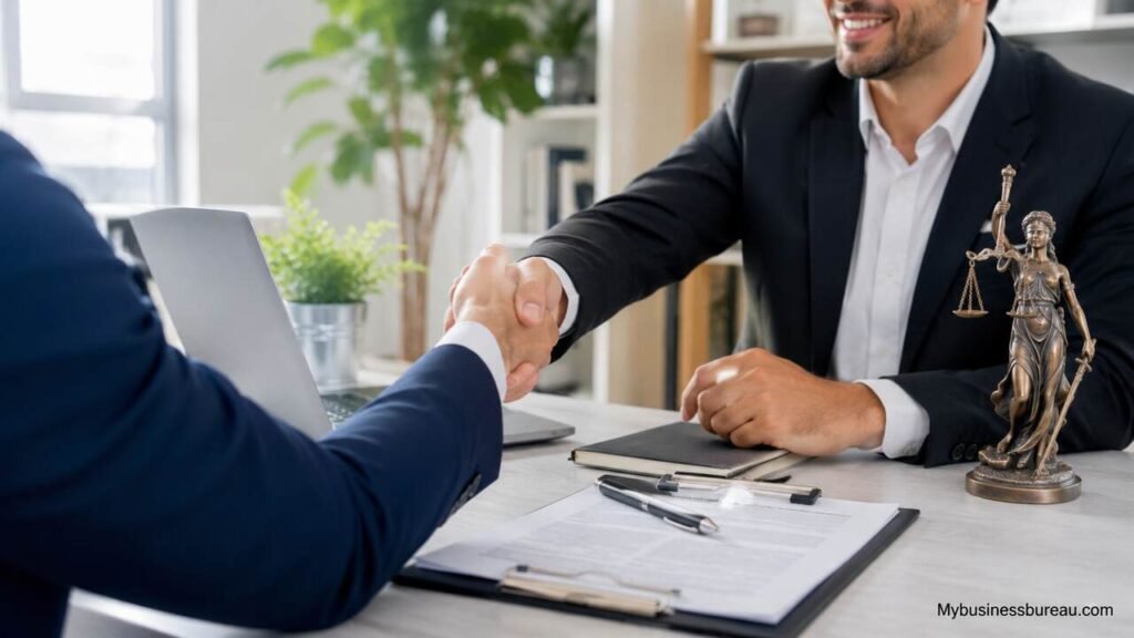 Professional business registration consultation meeting in a modern office