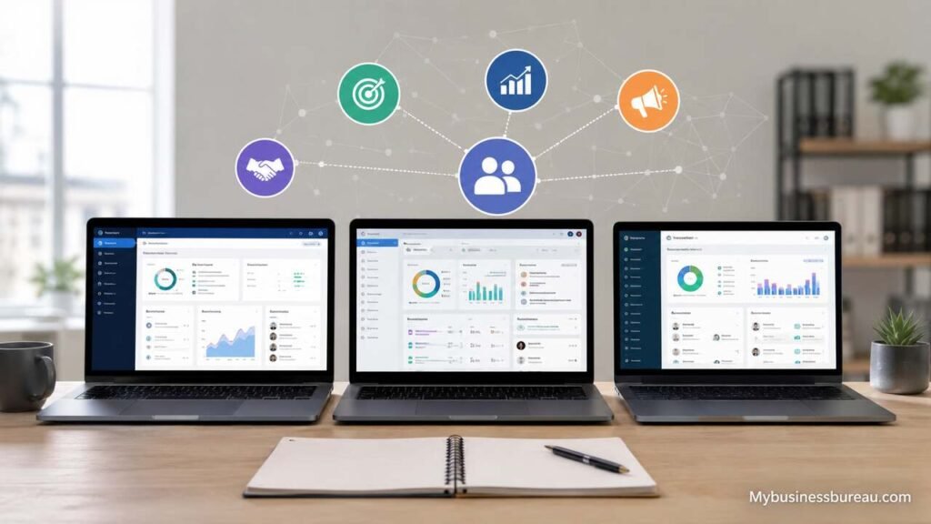 Modern CRM software dashboards displayed on laptops in a professional office workspace
