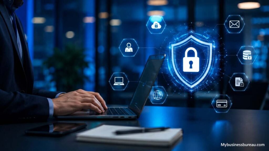 Business cybersecurity protection with secure network and data privacy concept