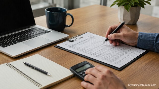 Business owner filing EIN documents and opening a business bank account
