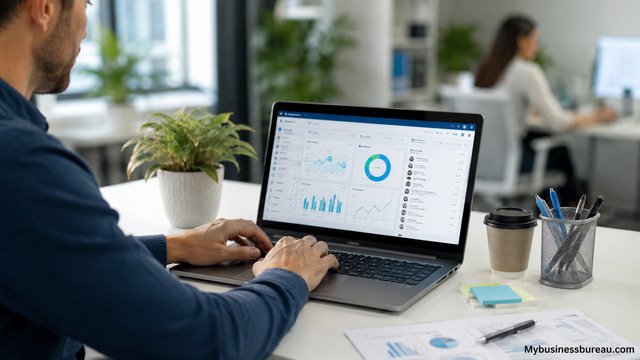 CRM software dashboard managing customer relationships in a modern office