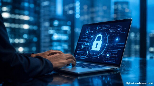 Cybersecurity SaaS solutions protecting business data on a secure digital network