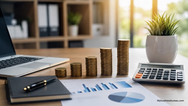 Business desk showing CRM cost analysis with charts, calculator, laptop, and stacked coins