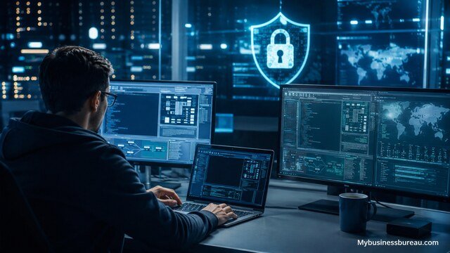 Cybersecurity expert monitoring security audits and penetration testing systems