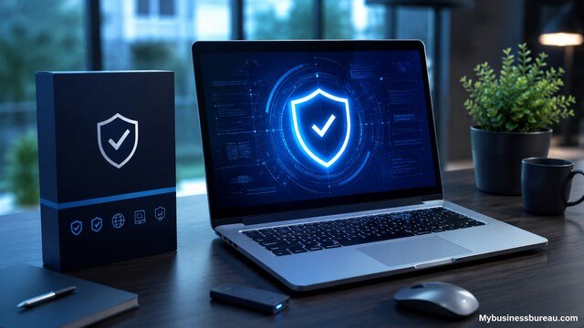 Advanced antivirus and endpoint protection system on modern business workstation