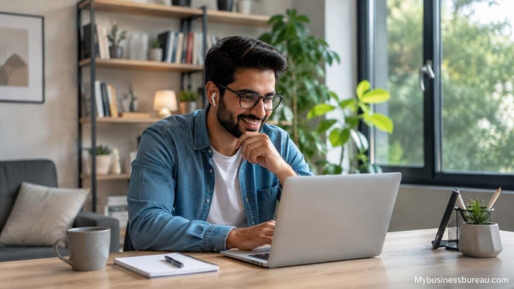 Professional working remotely from a modern home office setup