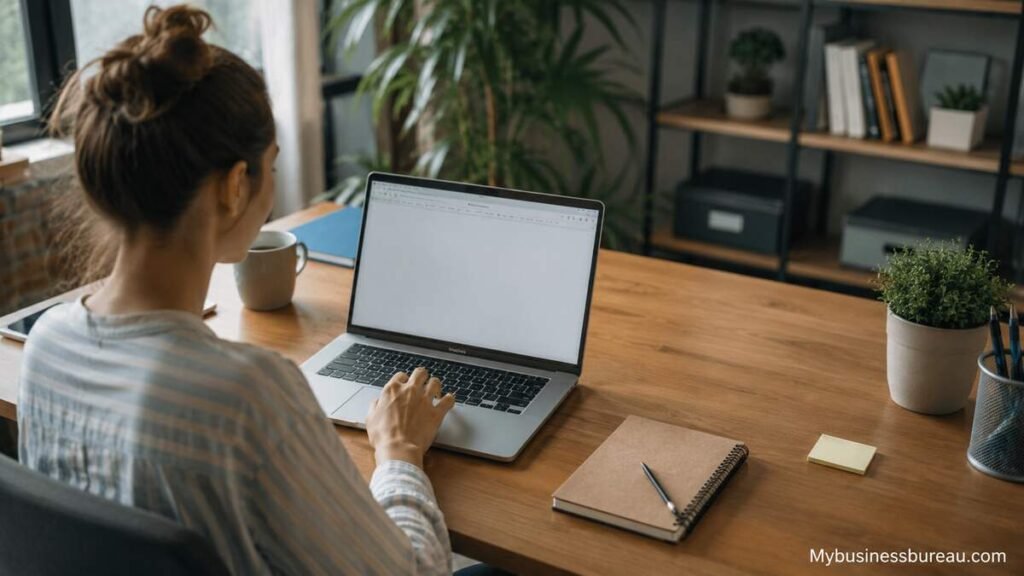 Freelancer working remotely on a laptop in a modern home office