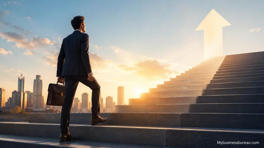 Professional businessman climbing stairs toward career success in 2026