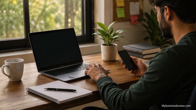 Freelancer working on Upwork from a modern home office