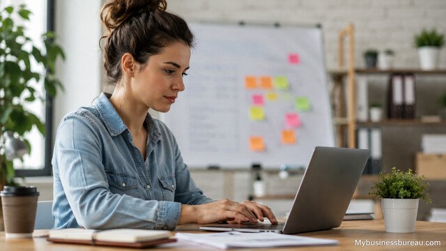 Professional woman building specialized career skills while working on a laptop in a modern office