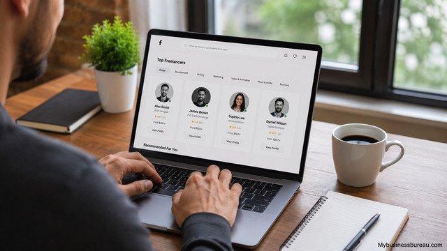 Freelancer creating professional marketplace profiles on laptop