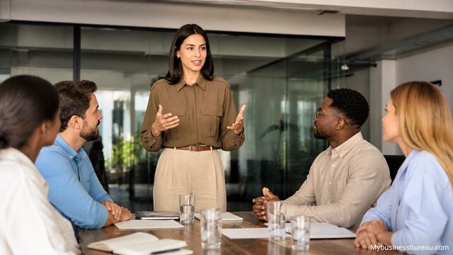 Professional team meeting focused on communication and leadership development