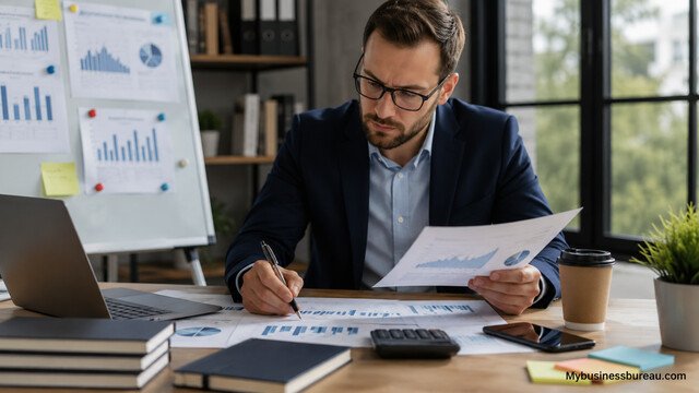 Professional businessman analyzing financial reports in a modern office