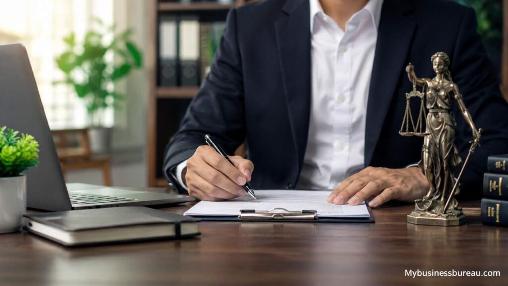 Professional LLC formation service workspace with legal documents and laptop