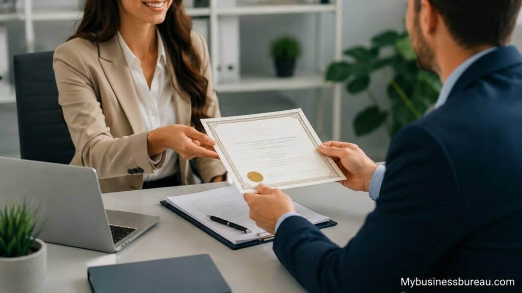 Business owner receiving a business license certificate in an office