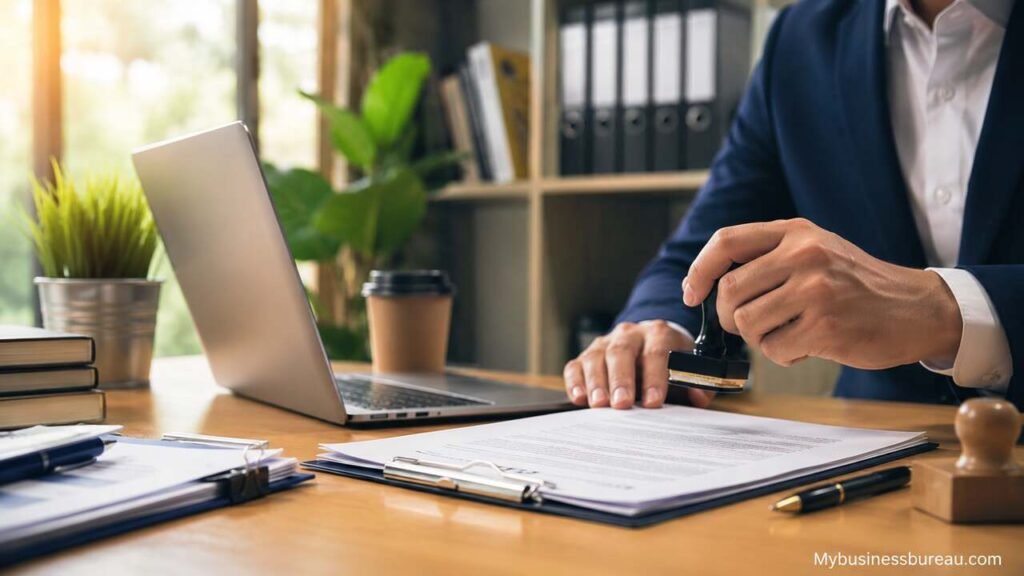 Business owner reviewing business license documents in a modern office