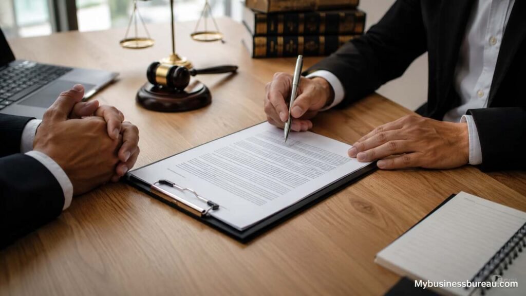 Business professionals reviewing and signing a legal business contract