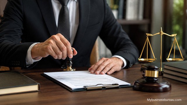 Business professional handling registered agent legal documents in office