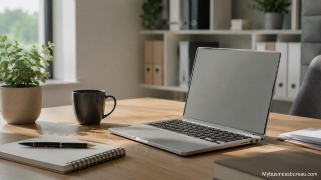 Affordable LLC formation workspace with laptop and office desk