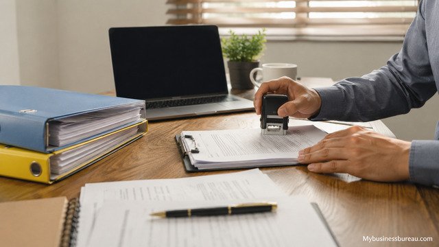 Business owner reviewing state licenses and permit documents at office desk