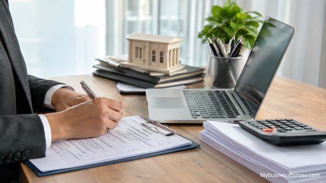 Business professional completing state tax registration and sales permit paperwork in a modern office