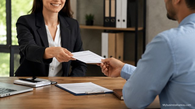 Business owner registering a general business license in a professional office