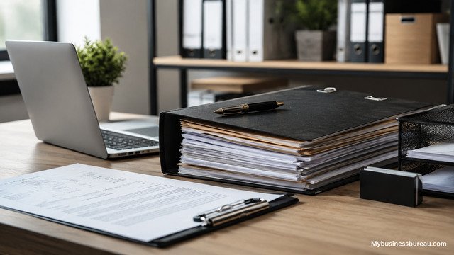 Business documents organized on an office desk for legal and business protection