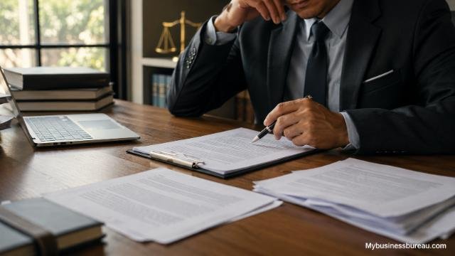 Businessman reviewing business contract documents in office