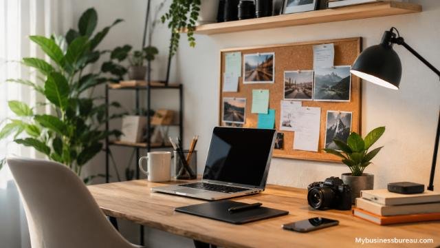 Modern freelance workspace with creative tools and digital devices