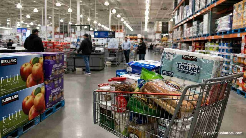 Busy wholesale warehouse store with bulk business products and shopping cart