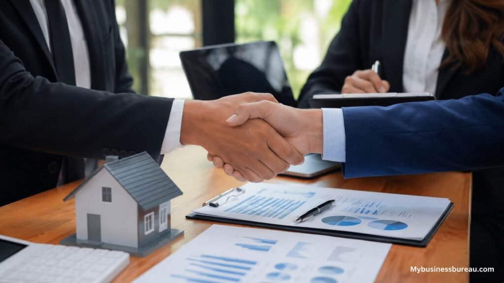 Professionals shaking hands after a successful business acquisition deal