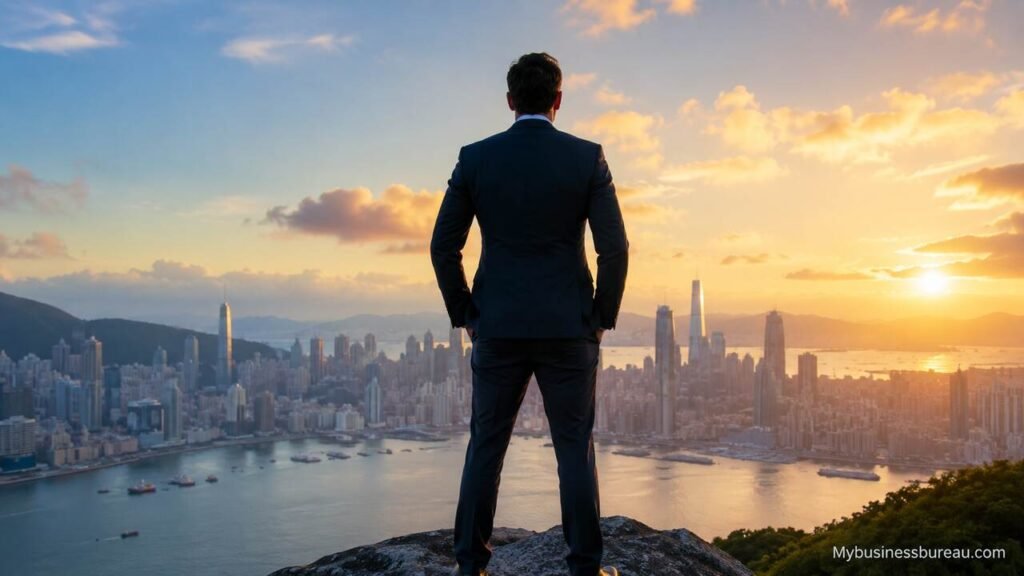 Business leader overlooking a modern city skyline at sunset