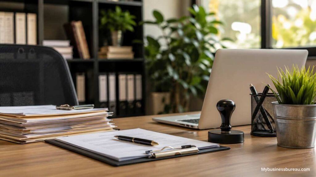 Business license registration documents on office desk