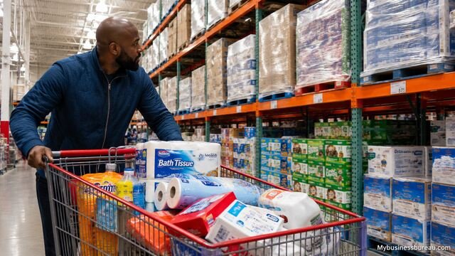 Business owner purchasing bulk inventory inside a warehouse store