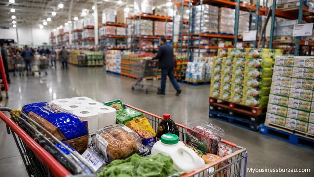Warehouse shopping cart filled with bulk items for business savings