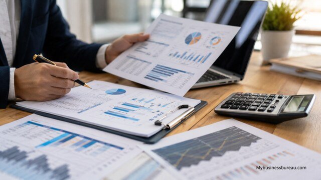 Business professional analyzing financial statements and reports