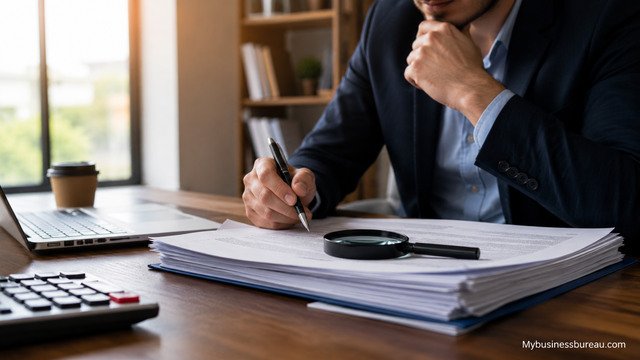 Business buyer reviewing documents before purchasing a company