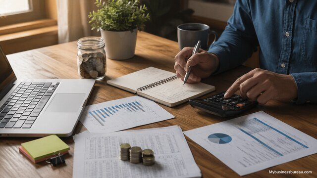 Person managing finances with calculator, laptop, and budget planning documents