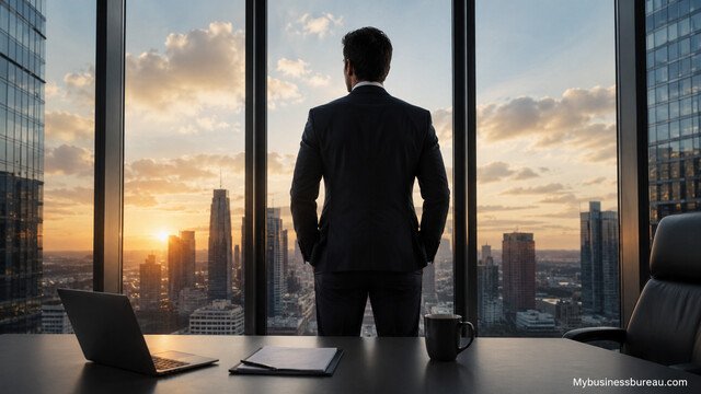 Entrepreneur standing in a modern office overlooking the city skyline
