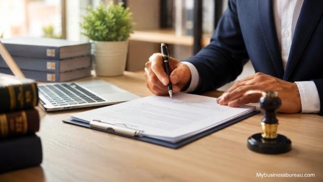 Business registration documents on office desk