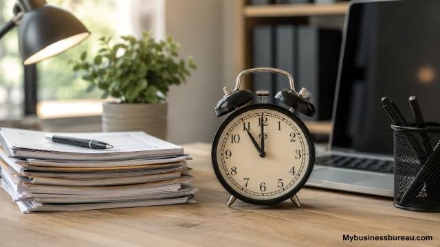 Business owner reviewing documents to renew business license before expiration