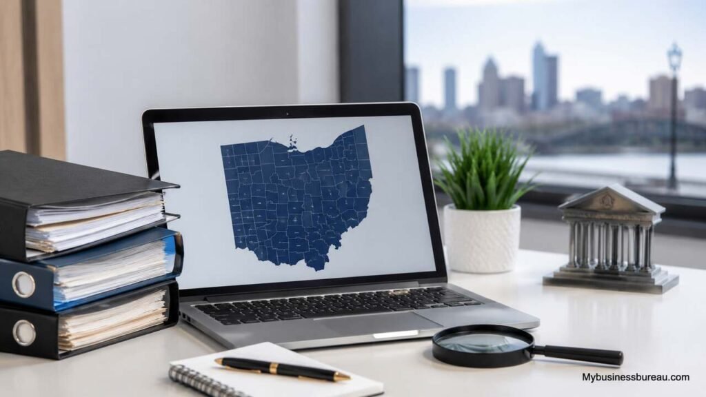 Ohio business search records on a laptop in a modern office