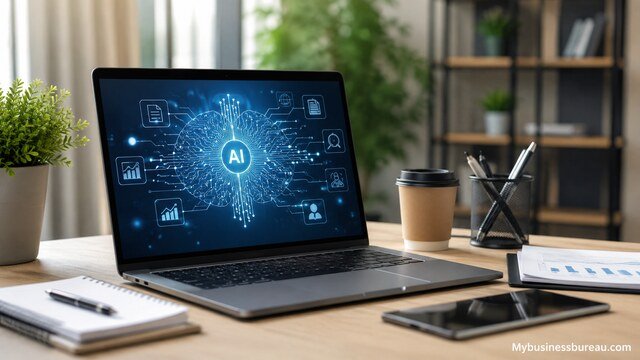 AI-powered SEO content production workspace with laptop and digital marketing tools
