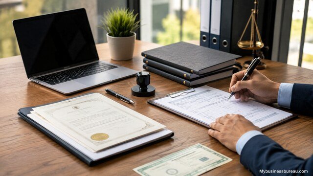 Business owner completing company registration and licensing paperwork in a modern office