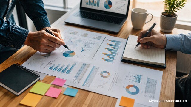 Marketing and sales action planning meeting with business analytics