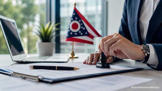 Business professional confirming foreign business registration documents in Ohio office