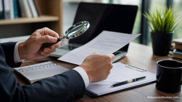 Professional reviewing business documents before secure transactions
