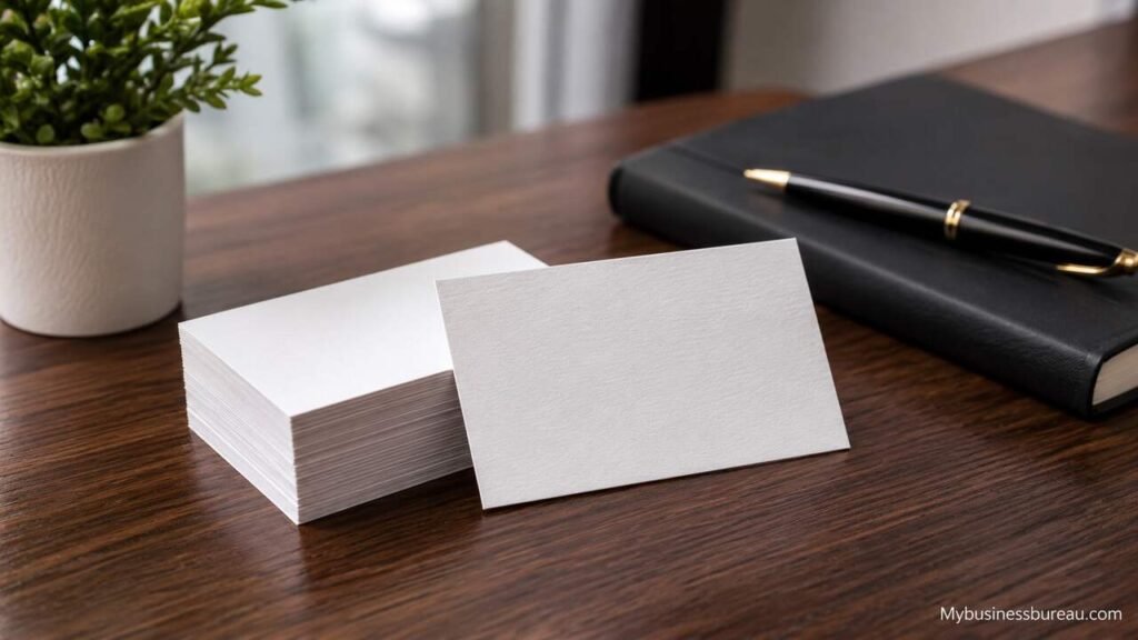 Professional blank business cards on office desk with notebook and pen