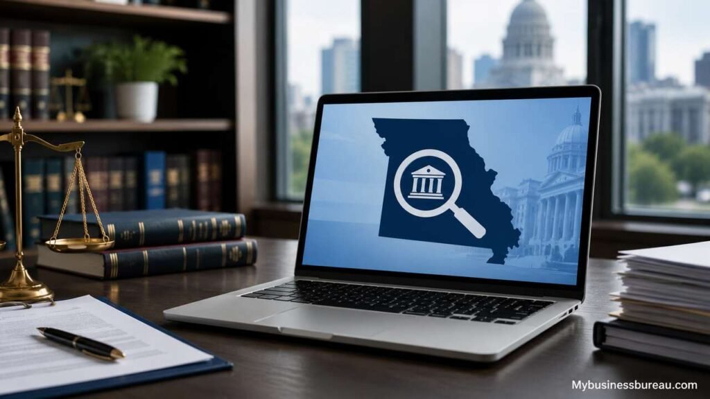 Professional Missouri business search office setup with legal documents and laptop